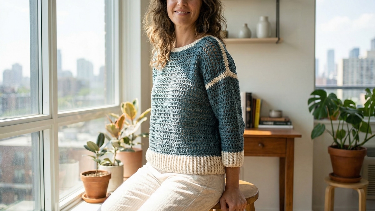 Mulher sorrindo em ateliê urbano iluminado, vestindo blusa de crochê artesanal azul petróleo e off-white com texturas detalhadas.