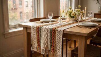 Mesa de jantar posta com caminho de mesa em crochê festivo nas cores off-white, vermelho e verde, decorada com velas e flores.