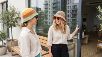 Duas mulheres sorrindo em ambiente urbano iluminado, usando chapéus de crochê coloridos em tons de amarelo, coral e turquesa.