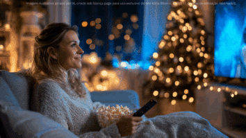 Uma mulher relaxa no sofá, assistindo a um filme natalino na tv, entrando no clima aconchegante e mágico do Natal — exatamente como sugerem as nossas dicas especiais de filmes para hoje!