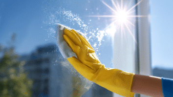 Mão de uma pessoa limpando o vidro de uma janela com mistura caseira que blinda vidros e espelho de manchas