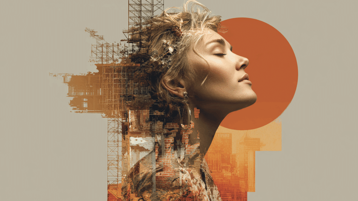 Uma mulher feita de tijolos e concreto, em construção, simbolizando o processo de construir uma autoestima inabalável