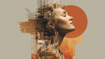 Uma mulher feita de tijolos e concreto, em construção, simbolizando o processo de construir uma autoestima inabalável