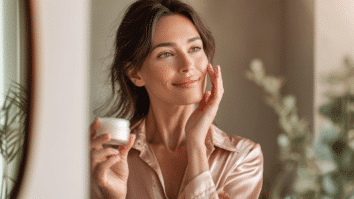 Mulher aplicando creme antissinais olhando para o espelho