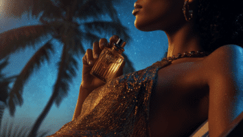 Mulher elegante deitada numa cadeira de praia a noite com um vidro de perfume na mão