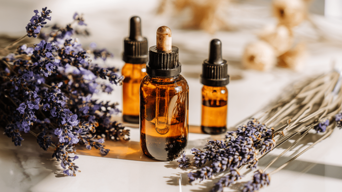 Na imagem ramos de lavanda e frascos de óleo essencial