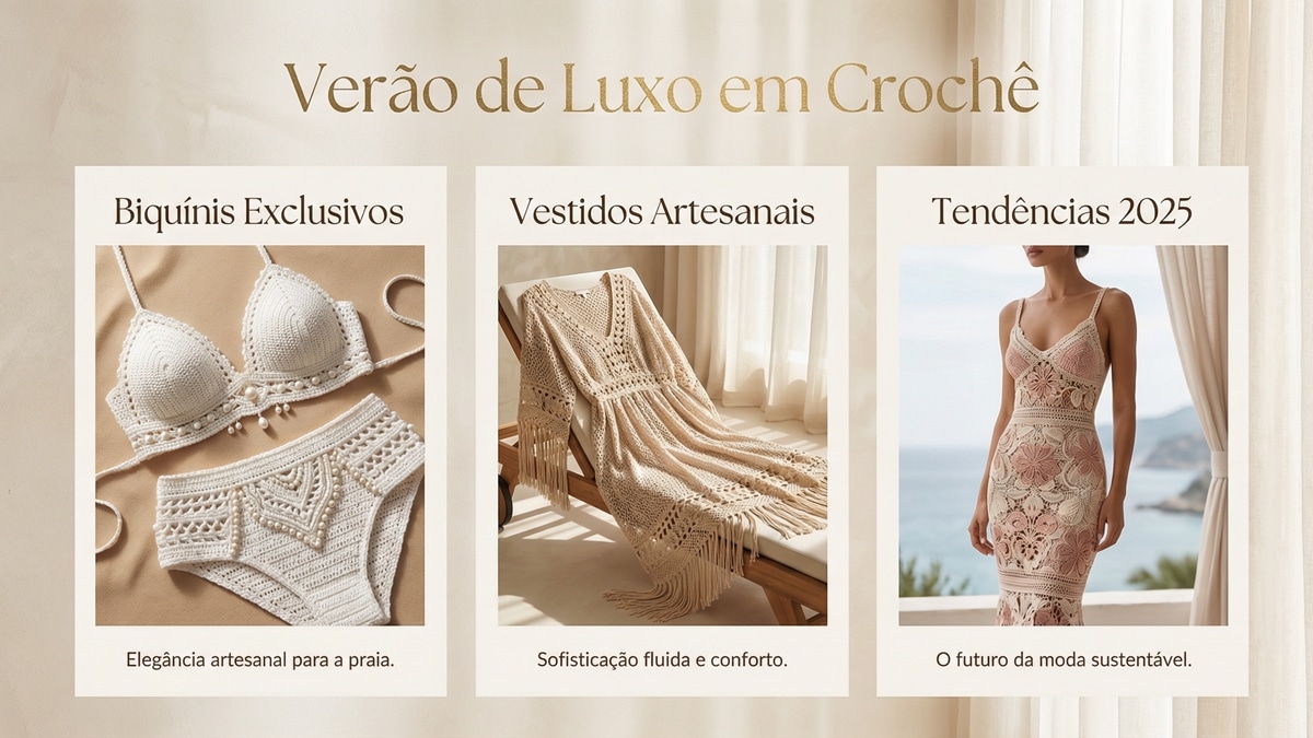Infográfico elegante em português sobre moda praia de luxo em crochê, exibindo biquíni branco, saída de praia bege e vestido artesanal com títulos informativos.