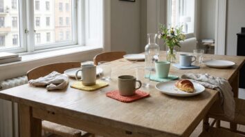 Mesa de jantar com porta-copos de crochê artesanal coloridos (amarelo, coral, menta) sob xícaras em ambiente iluminado.