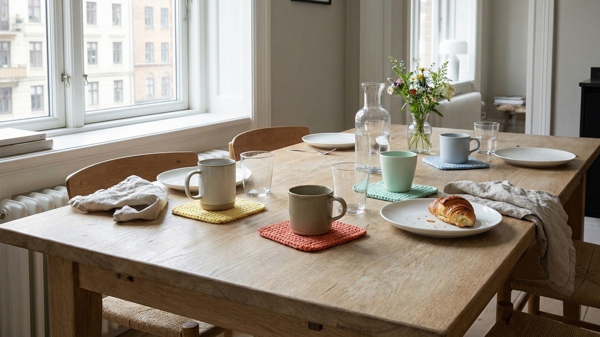 Mesa de jantar com porta-copos de crochê artesanal coloridos (amarelo, coral, menta) sob xícaras em ambiente iluminado.