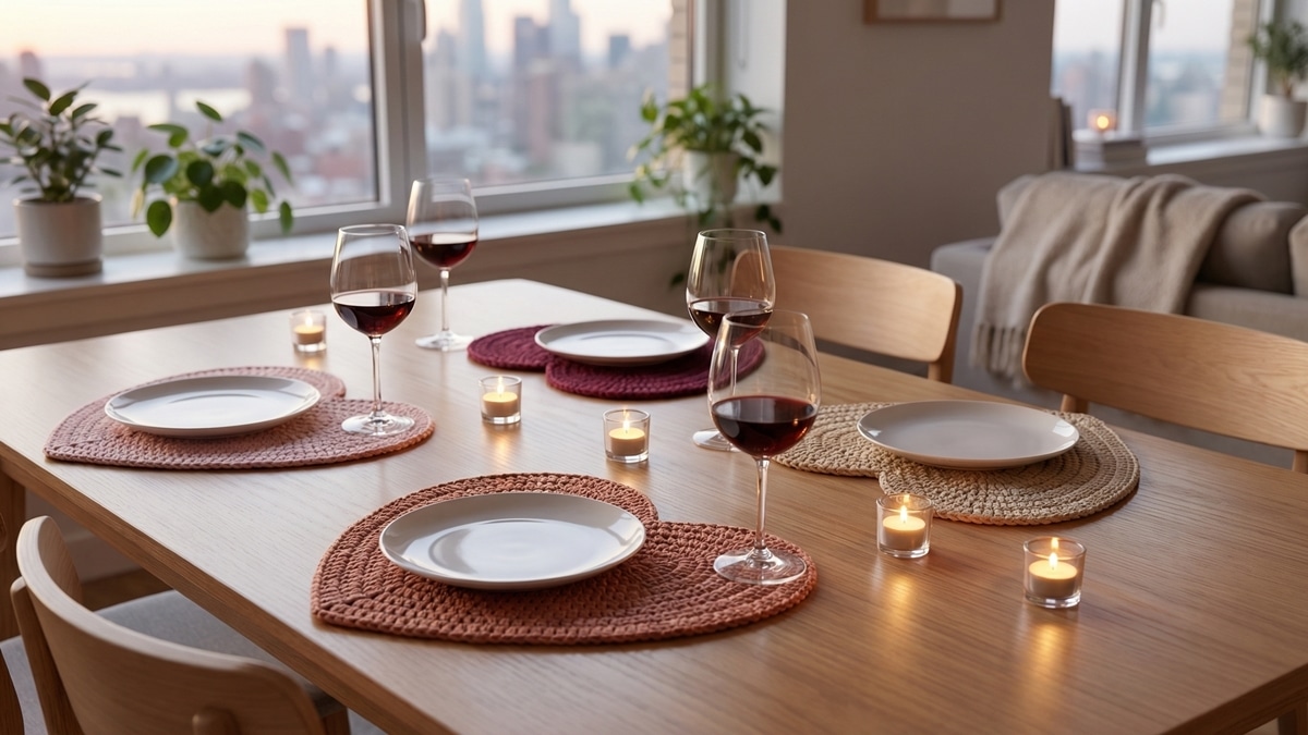 Mesa de jantar romântica com sousplats de crochê em formato de coração nas cores rosa e vinho, sob pratos brancos e taças.
