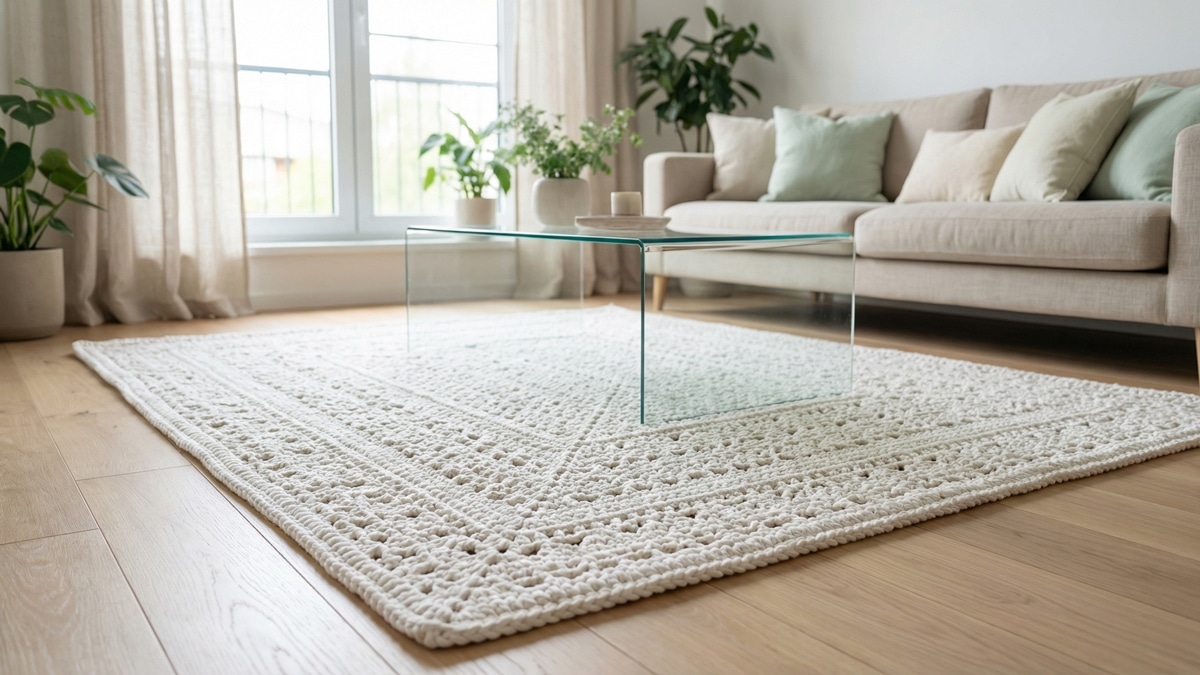 Tapete de crochê branco com design rendado no centro de sala de estar urbana iluminada por luz natural.