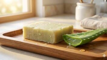 Barra de sabonete artesanal de Babosa (Aloe vera) de cor verde pálida sobre bandeja de madeira em banheiro iluminado, ao lado de uma fatia fresca de babosa com gel e gotas de água, simbolizando hidratação e ingredientes naturais.