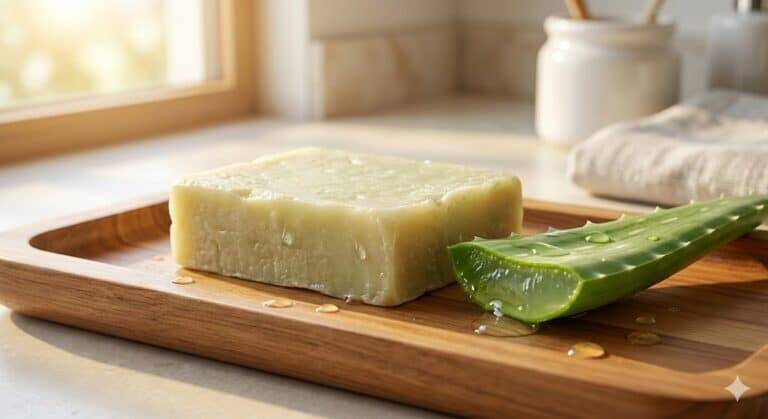 Barra de sabonete artesanal de Babosa (Aloe vera) de cor verde pálida sobre bandeja de madeira em banheiro iluminado, ao lado de uma fatia fresca de babosa com gel e gotas de água, simbolizando hidratação e ingredientes naturais.