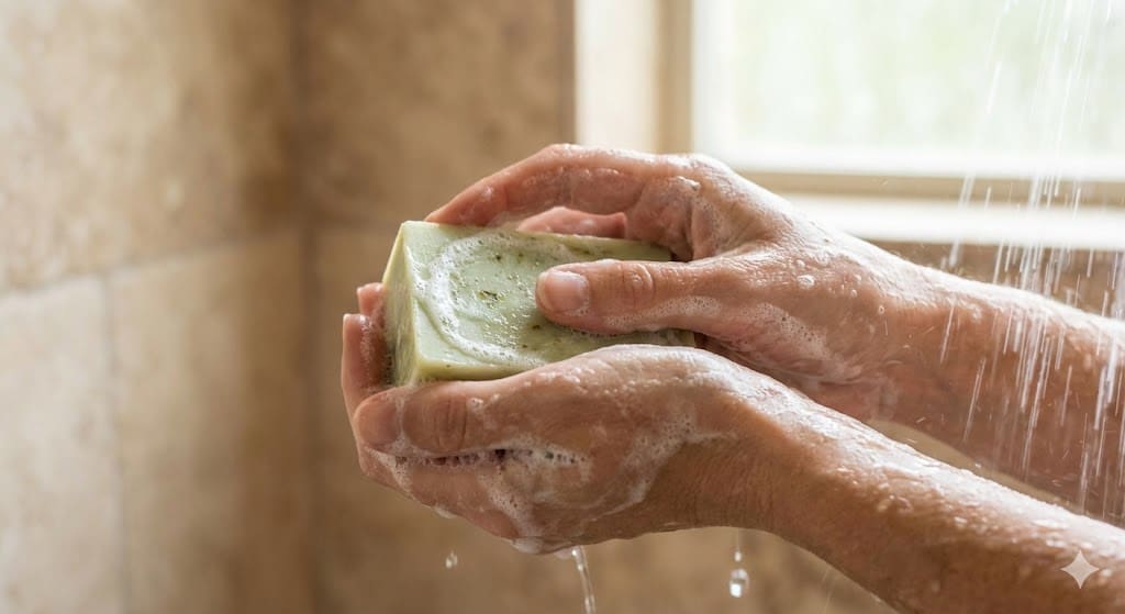 Mãos molhadas ensaboando um sabonete de babosa durante o banho, formando uma espuma branca, rica e cremosa, demonstrando uma limpeza suave que preserva a umidade natural da pele sem ressecar.