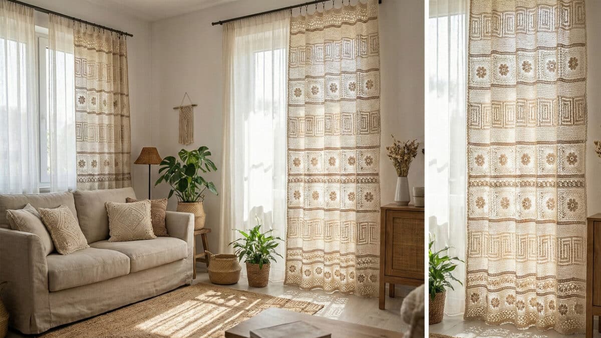 Colagem de fotos mostrando uma sala de estar rústica. À esquerda, um sofá bege com almofadas de crochê e uma janela com uma cortina de crochê estampada. À direita, um close da cortina de crochê bege com detalhes florais e geométricos, filtrando a luz do sol. Plantas em cestos e móveis de madeira completam a decoração.