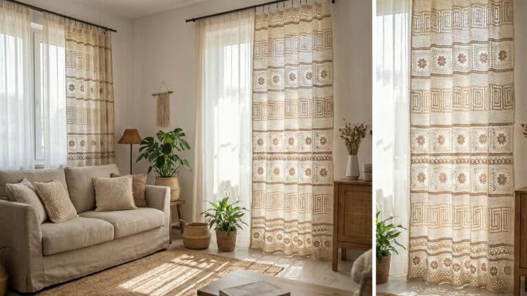Colagem de fotos mostrando uma sala de estar rústica. À esquerda, um sofá bege com almofadas de crochê e uma janela com uma cortina de crochê estampada. À direita, um close da cortina de crochê bege com detalhes florais e geométricos, filtrando a luz do sol. Plantas em cestos e móveis de madeira completam a decoração."