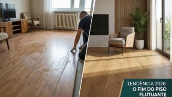 Montagem fotográfica dividida diagonalmente, mostrando um comparativo "antes e depois" de pisos. No lado esquerdo, um trabalhador ajoelhado remove réguas de um piso laminado antigo e desgastado em uma sala vazia. No lado direito, uma sala de estar moderna e iluminada apresenta um novo piso de tecnologia SPC em tom madeira, com uma poltrona e uma planta
