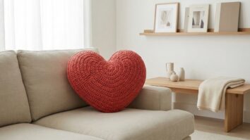 Sala de estar com almofada de crochê em formato de coração vermelho sobre sofá neutro