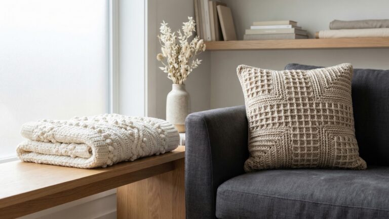 Almofada decorativa de croche com textura 3D em off-white, pontos estruturados e inovadores