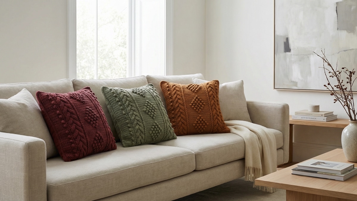 Sala de estar com almofadas de crochê em tons terrosos sobre sofá de linho claro