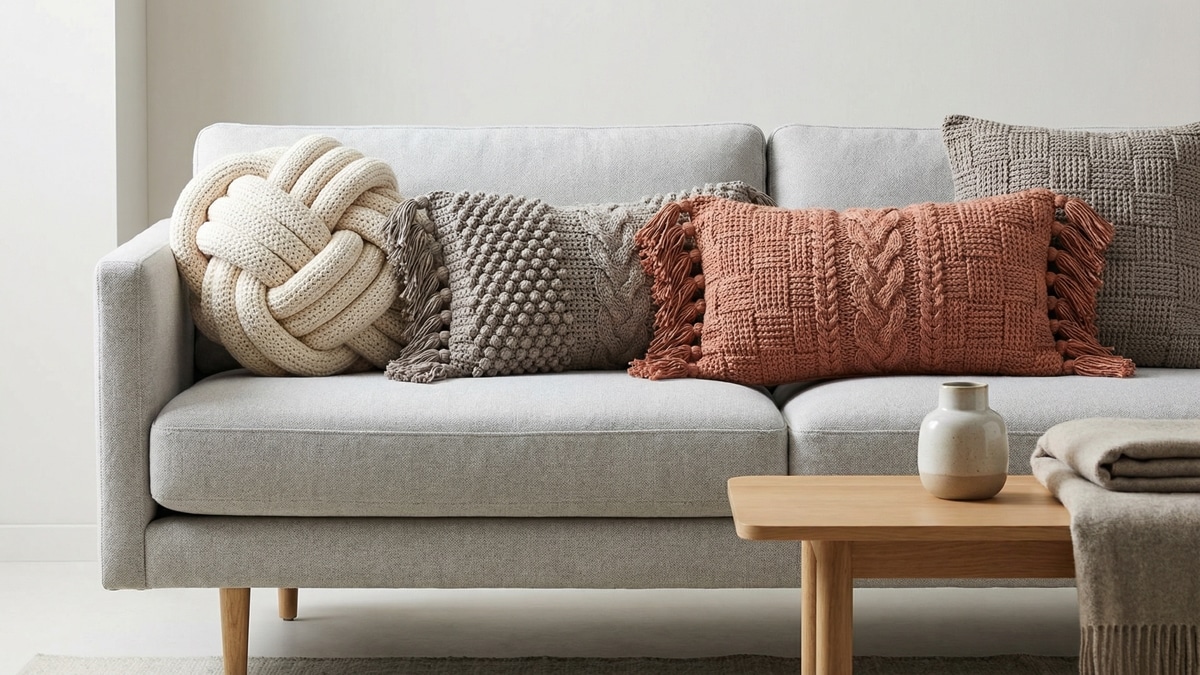 Almofadas de crochê texturizadas em tons neutros sobre sofá cinza em sala contemporânea