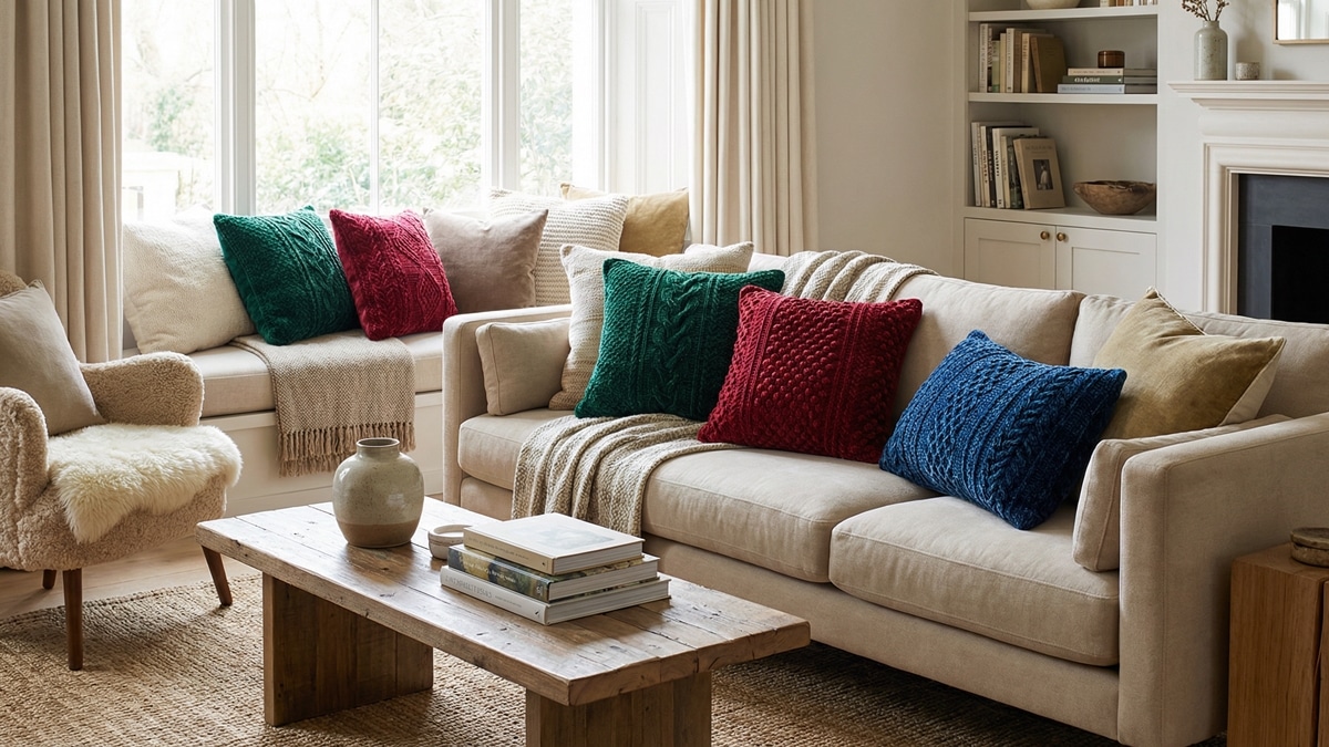 Almofadas de crochê em tons joia profundos (esmeralda, rubi e safira) com textura de veludo e acabamento sofisticado sobre sofá de tecido neutro, iluminadas por luz natural difusa.