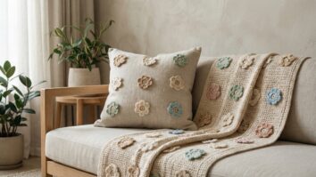 Almofadas decorativas com flores de crochê em tons naturais em ambiente contemporâneo