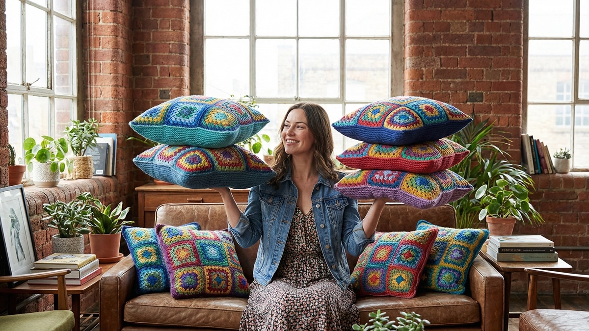 Ambiente urbano casual com mulher sorrindo mostrando almofadas de crochê artesanal finalizadas em squares geométricos coloridos, confeccionadas em fio de algodão, com pontos fechados e acabamento firme