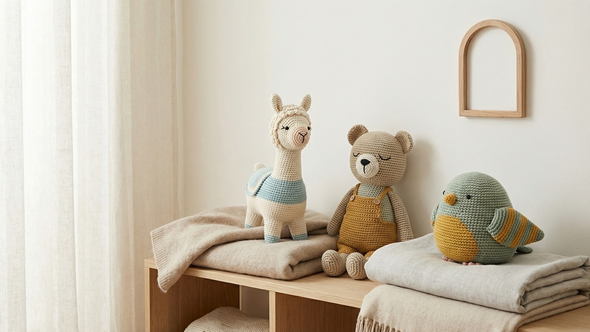Conjunto de amigurumis de croche artesanais em tons pastel sobre madeira clara em ambiente infantil minimalista