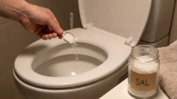 Visão aproximada de uma mão despejando uma colher de sal refinado dentro de um vaso sanitário branco aberto. Ao lado, sobre a bancada do banheiro, há um pote de vidro transparente com o rótulo escrito 'SAL' e uma toalha bege dobrada.