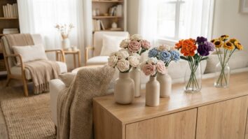 Arranjos de flores artesanais de crochê em tons variados dispostos em vasos sobre movél de madeira clara em sala aconchegante