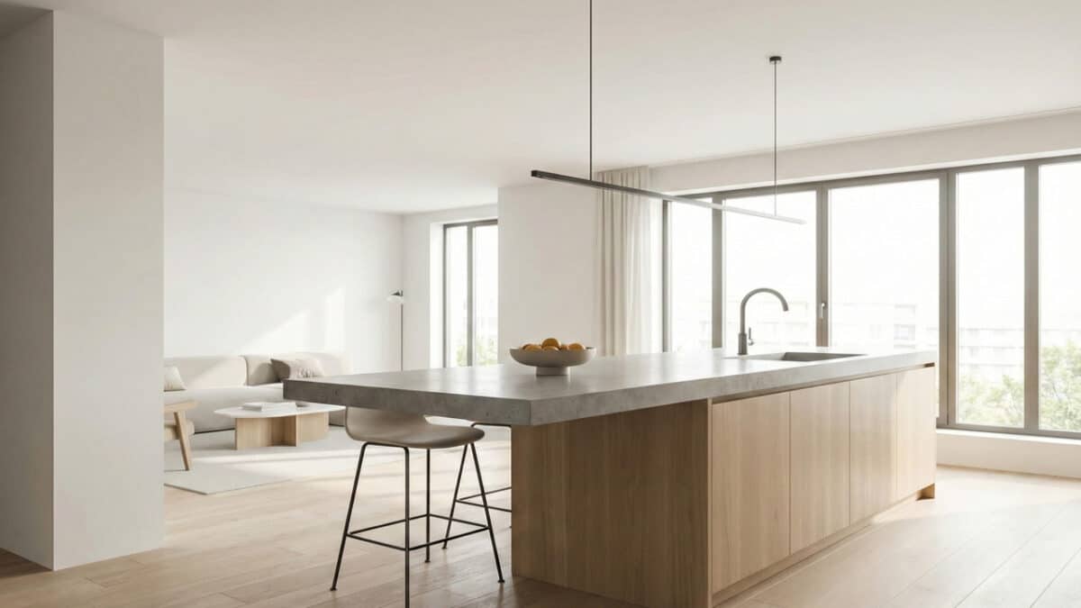 Balcão em cozinha conjugada com sala