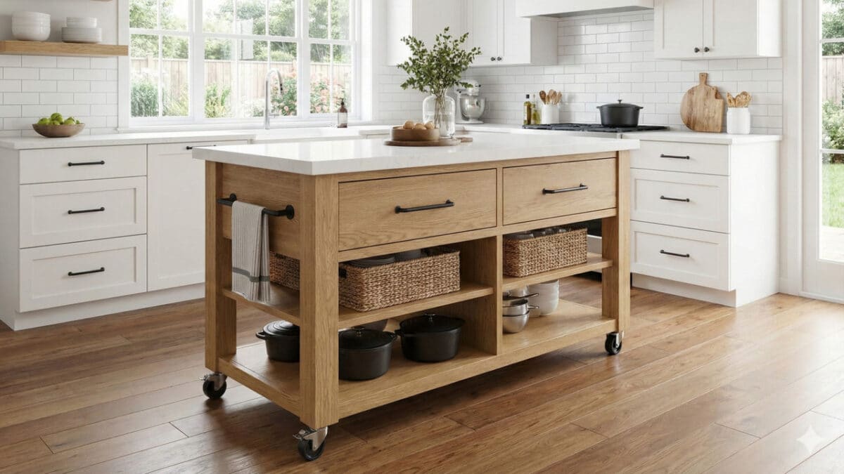 Bancada de ilha móvel de madeira clara com tampo branco e rodinhas, posicionada em uma cozinha moderna e iluminada com armários brancos. O móvel funcional possui gavetas e prateleiras com cestos organizadores, ideal para otimizar espaço.