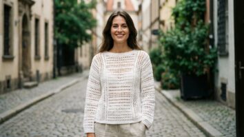 Mulher sorrindo usando blusa de crochê branca com mangas normais em ambiente urbano sofisticado