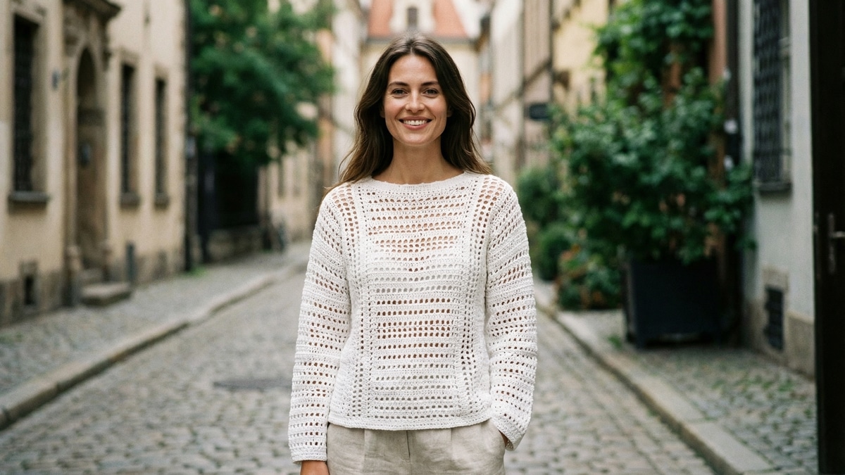 Mulher sorrindo usando blusa de crochê branca com mangas normais em ambiente urbano sofisticado
