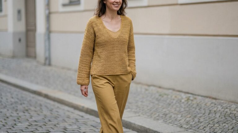 Mulher sorrindo com blusa de crochê mostarda e calça alfaiataria em ambiente urbano