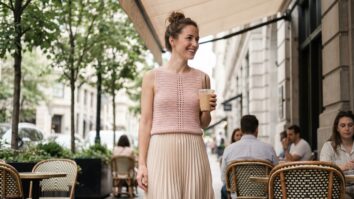 Mulher sorrindo usando blusa de crochê sem mangas em tom pastel com saia midi em ambiente urbano