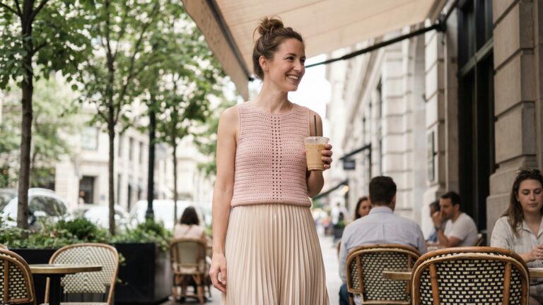 Mulher sorrindo usando blusa de crochê sem mangas em tom pastel com saia midi em ambiente urbano