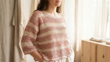 Mulher sorridente usando blusa de croche artesanal rosa e bege com trama vazada em ambiente de verao