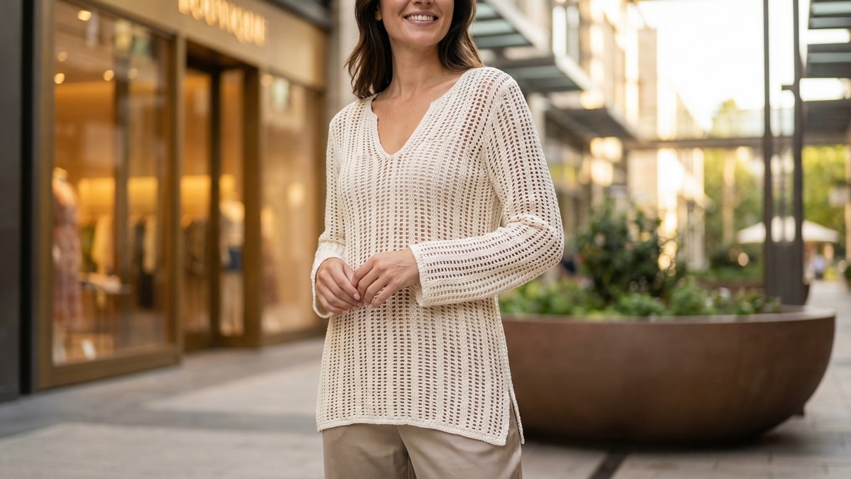 Mulher sorrindo usando blusa de crochê artesanal em algodão com decote em V em ambiente urbano sofisticado