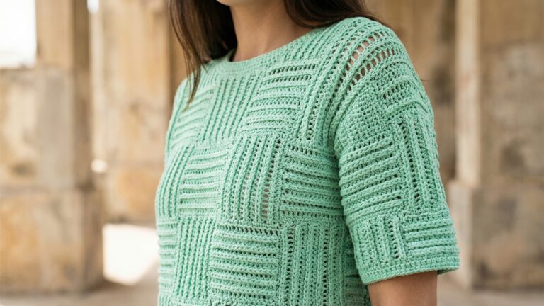 Blusa artesanal de croche em tom veranil com design contemporaneo e modelagem arrojada sem mostrar rosto