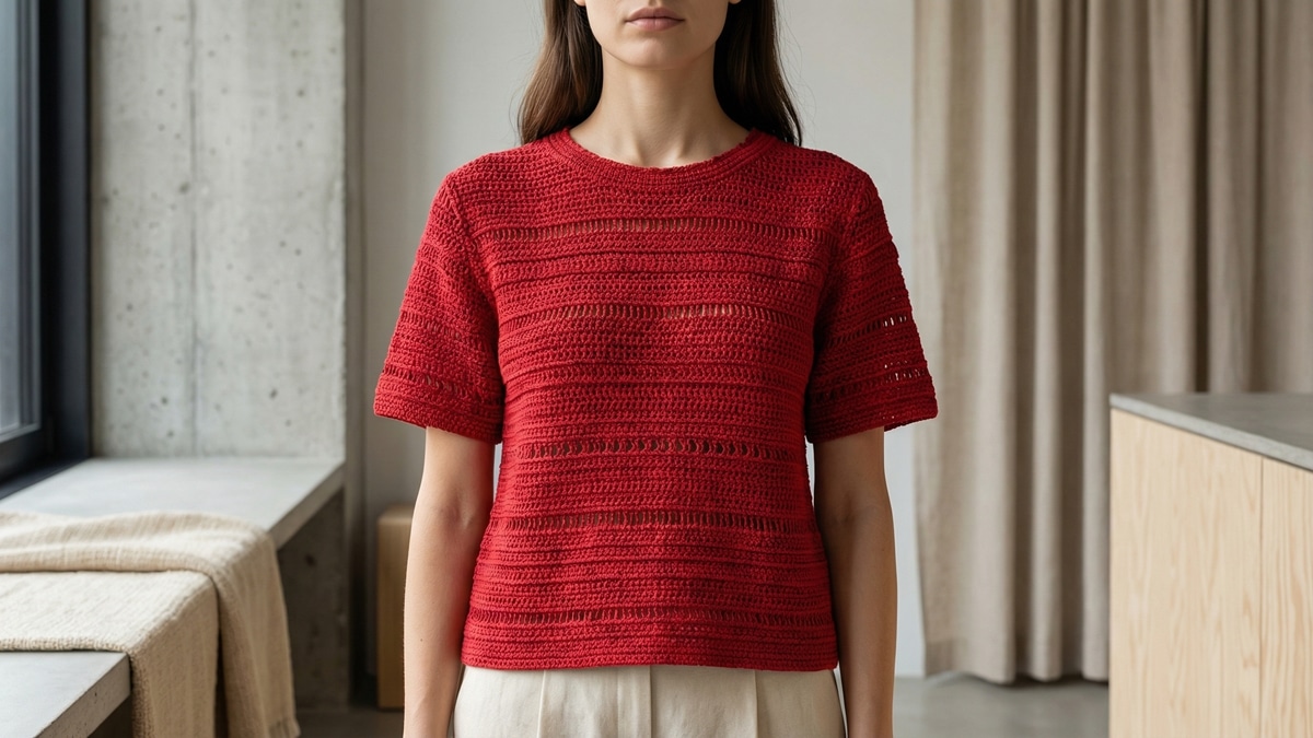Mulher usando blusa artesanal de crochê em vermelho centralizada na composição, fotografada de frente sem mostrar o rosto, em ambiente urbano contemporâneo com fundo neutro.