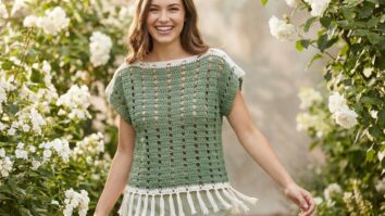 Mulher sorrindo com blusinha de crochê verde e branco em estilo boho moderno, com padrão vertical de orifícios e franja na bainha, iluminada por luz natural.
