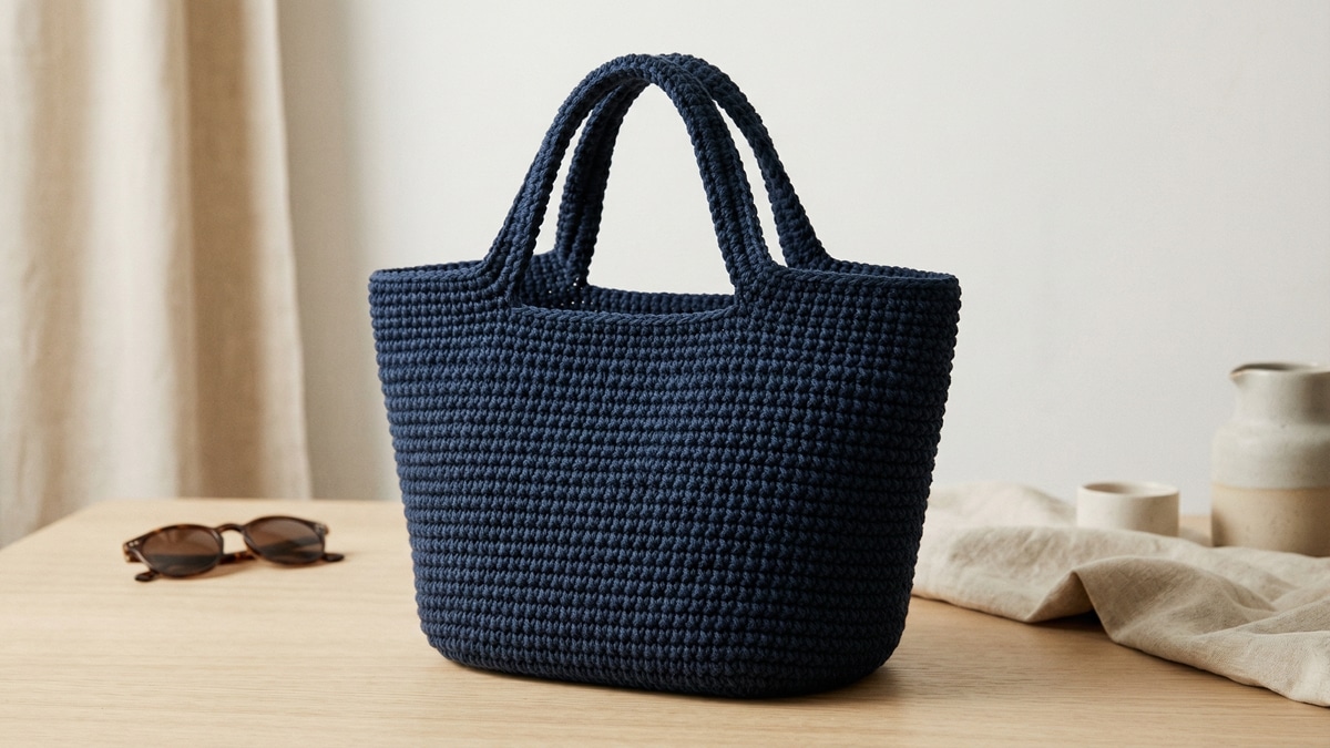 Bolsa artesanal de crochê em azul escuro sobre superfície neutra de madeira clara, com óculos de sol e elementos minimalistas em composição editorial elegante.