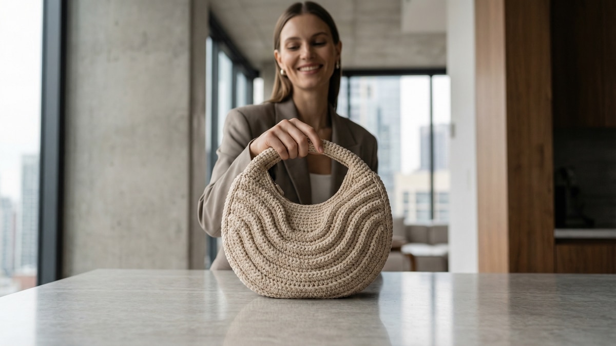 Mulher sorrindo com bolsa moon bag de crochê bege com textura em relevo sobre superfície elegante
