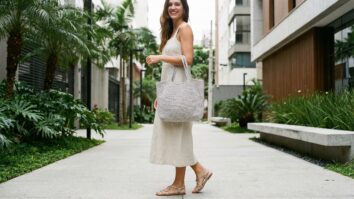 Mulher sorrindo com bolsa de crochê prateada compacta em look leve de verão brasileiro