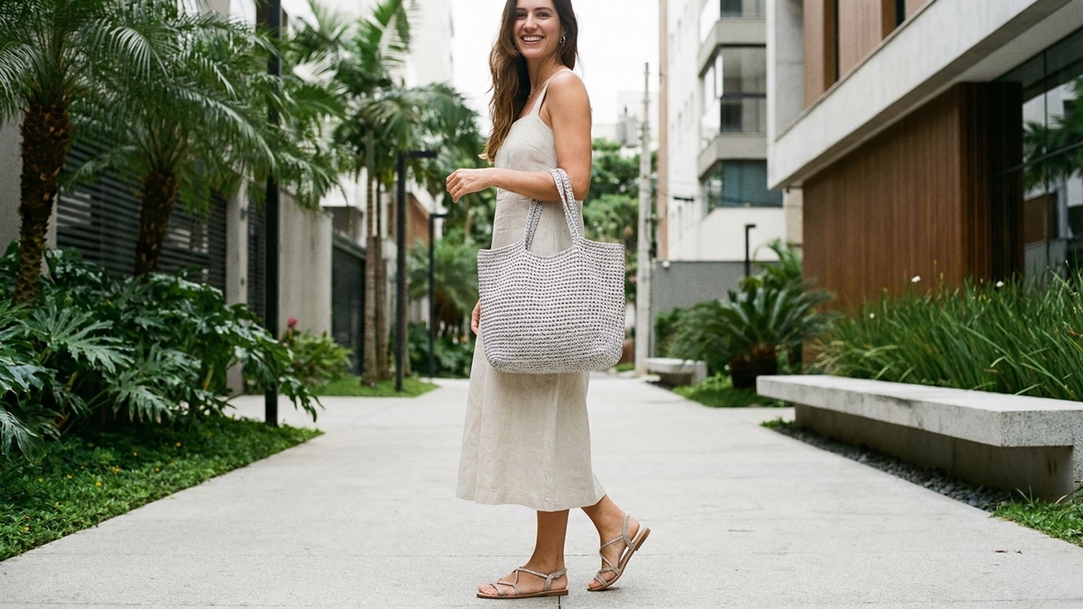 Mulher sorrindo com bolsa de crochê prateada compacta em look leve de verão brasileiro