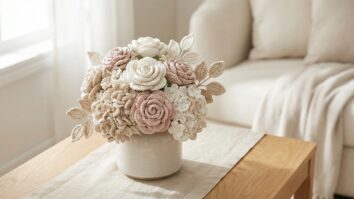 Buquê artesanal de flores em crochê com tons suaves e românticos sobre superfície neutra em ambiente elegante e atemporal