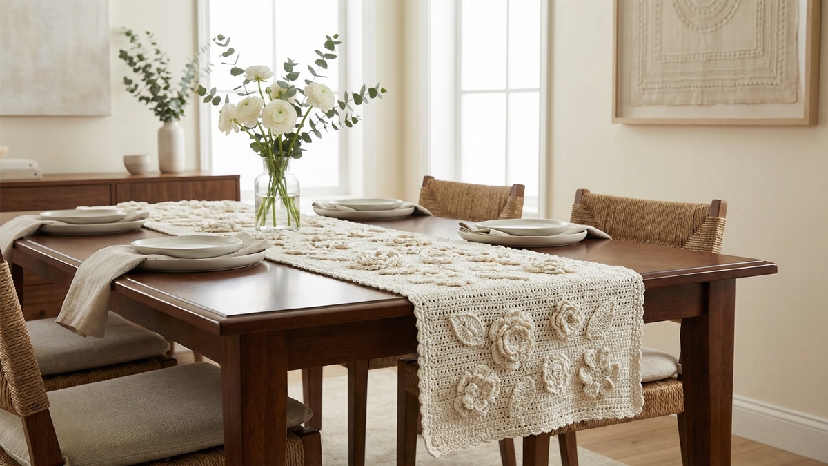 Sala de jantar elegante com caminho de mesa em crochê artesanal finalizado disposto longitudinalmente sobre mesa de madeira nobre, valorizando o efeito visual de alongamento do ambiente, caminho com design floral com aplicações 3D, flores e folhas em relevo aplicadas sobre base em algodão off-white/cru