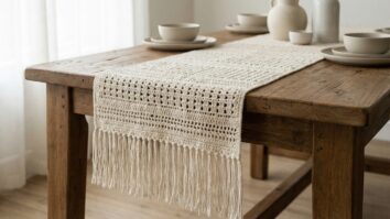 Caminho de mesa em crochê artesanal sobre mesa de madeira com louças neutras e luz natural